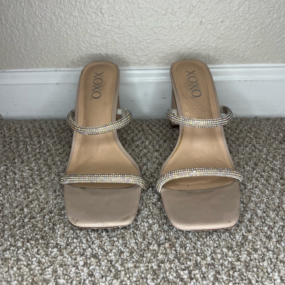 XOXO Women's Beige Heeled Sandals with Rhinestone Straps